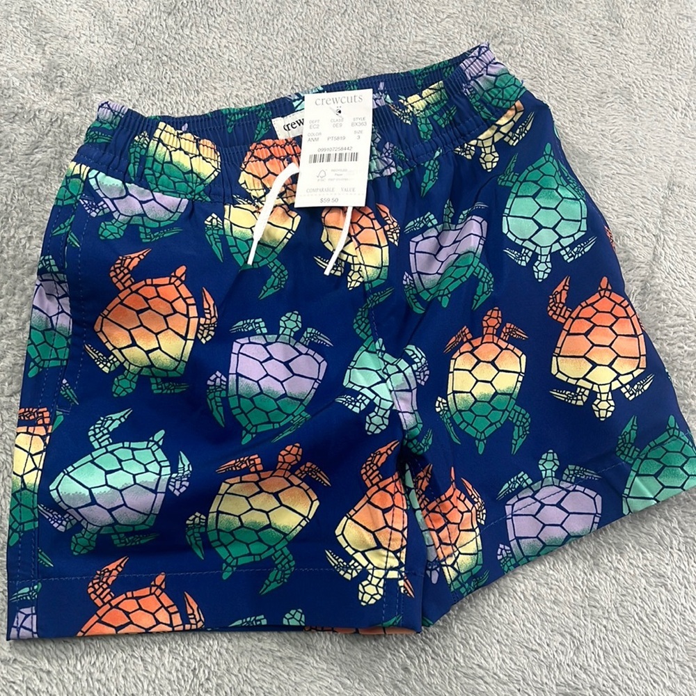 NEW Crewcuts 3 Toddler Boys Lined Turtle Multi Color Drawstring Swim Trunks